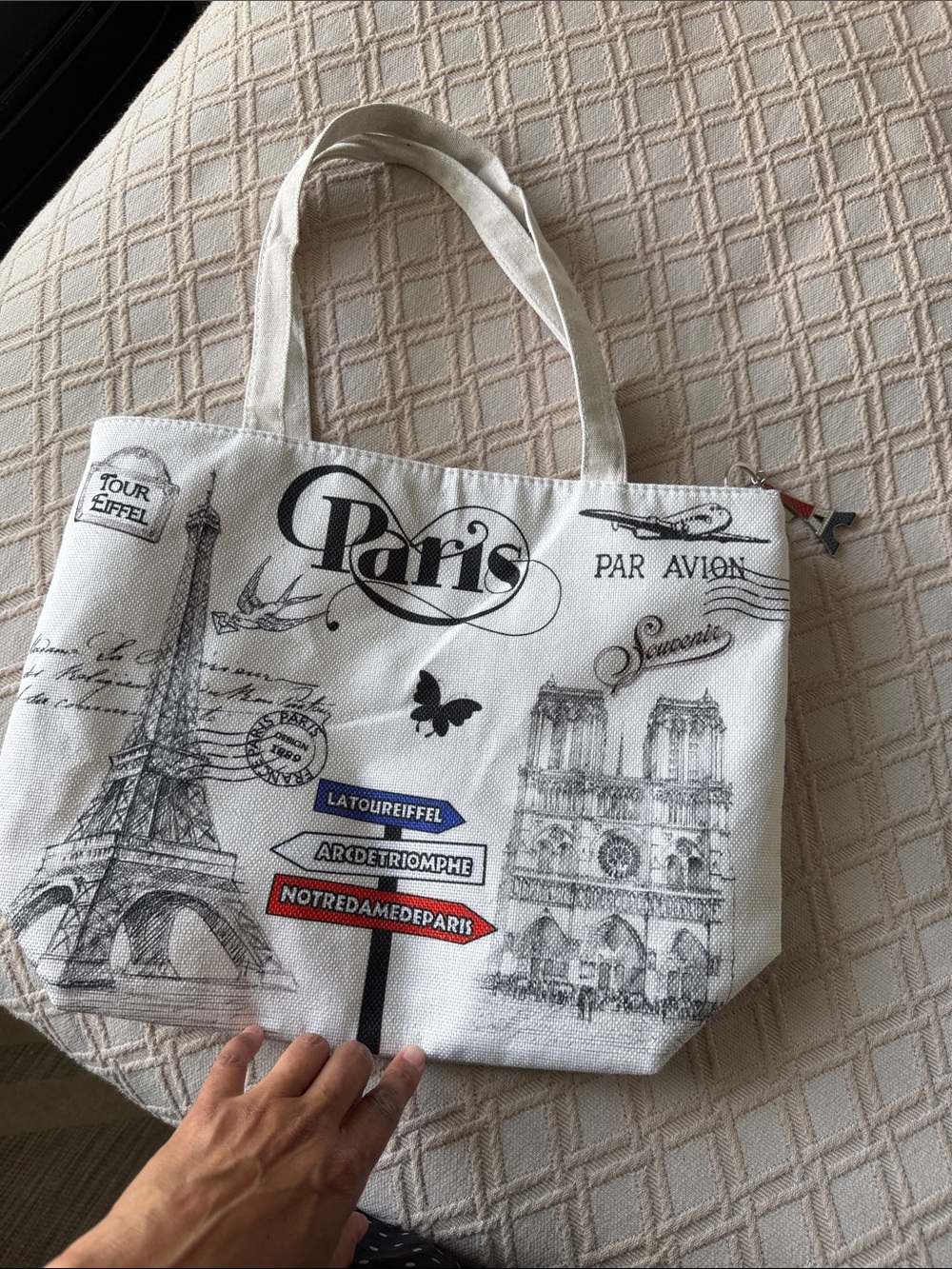 Paris Canvas Tote Bag in Ivory with Black Print